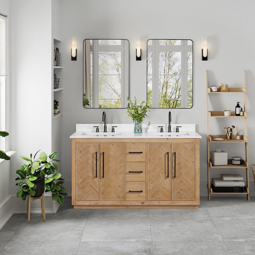 60" Double Bathroom Vanity with Grain White Engineered Stone Countertop. Picture 2