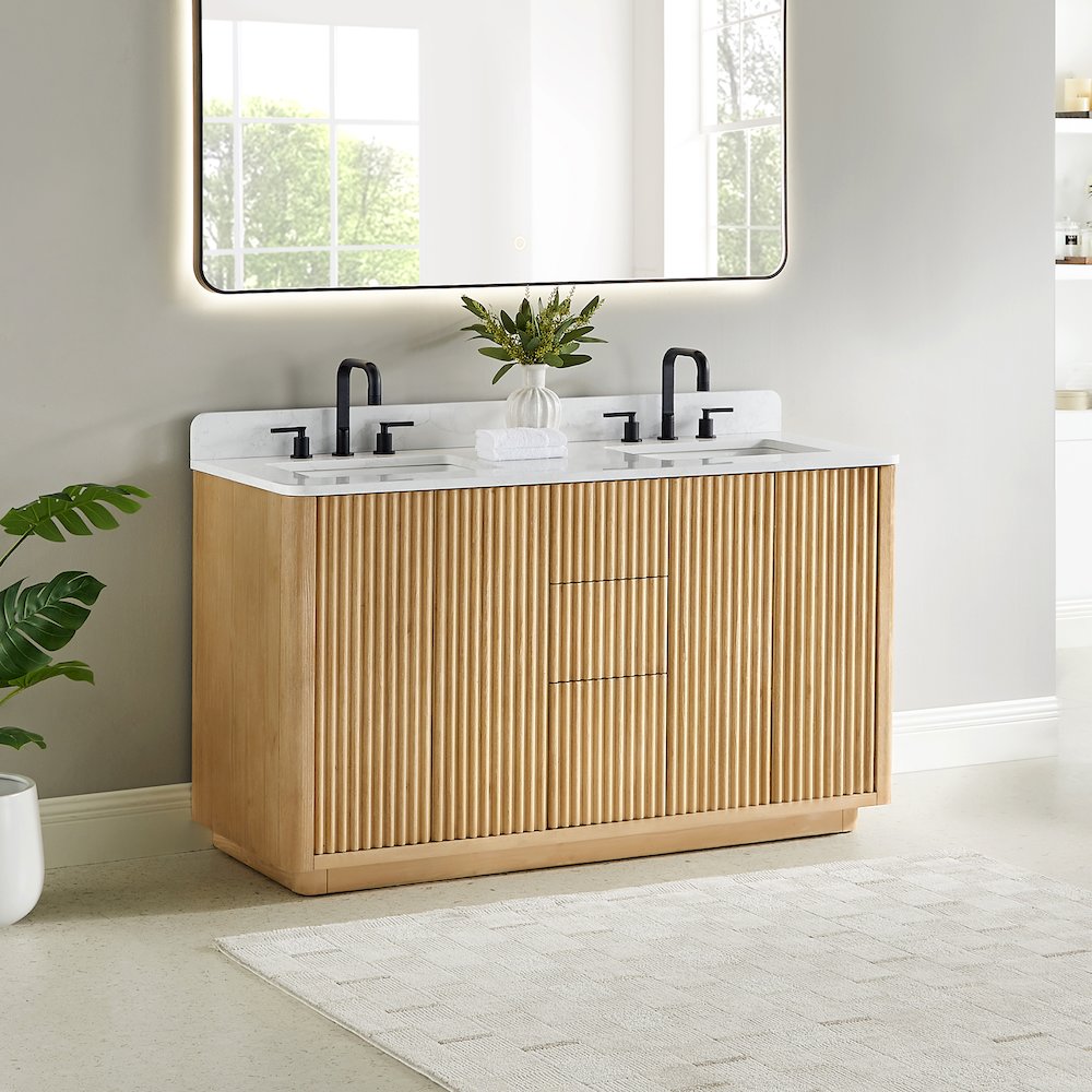 60" Double Bathroom Vanity in Washed Light Brown with Grain White. Picture 4