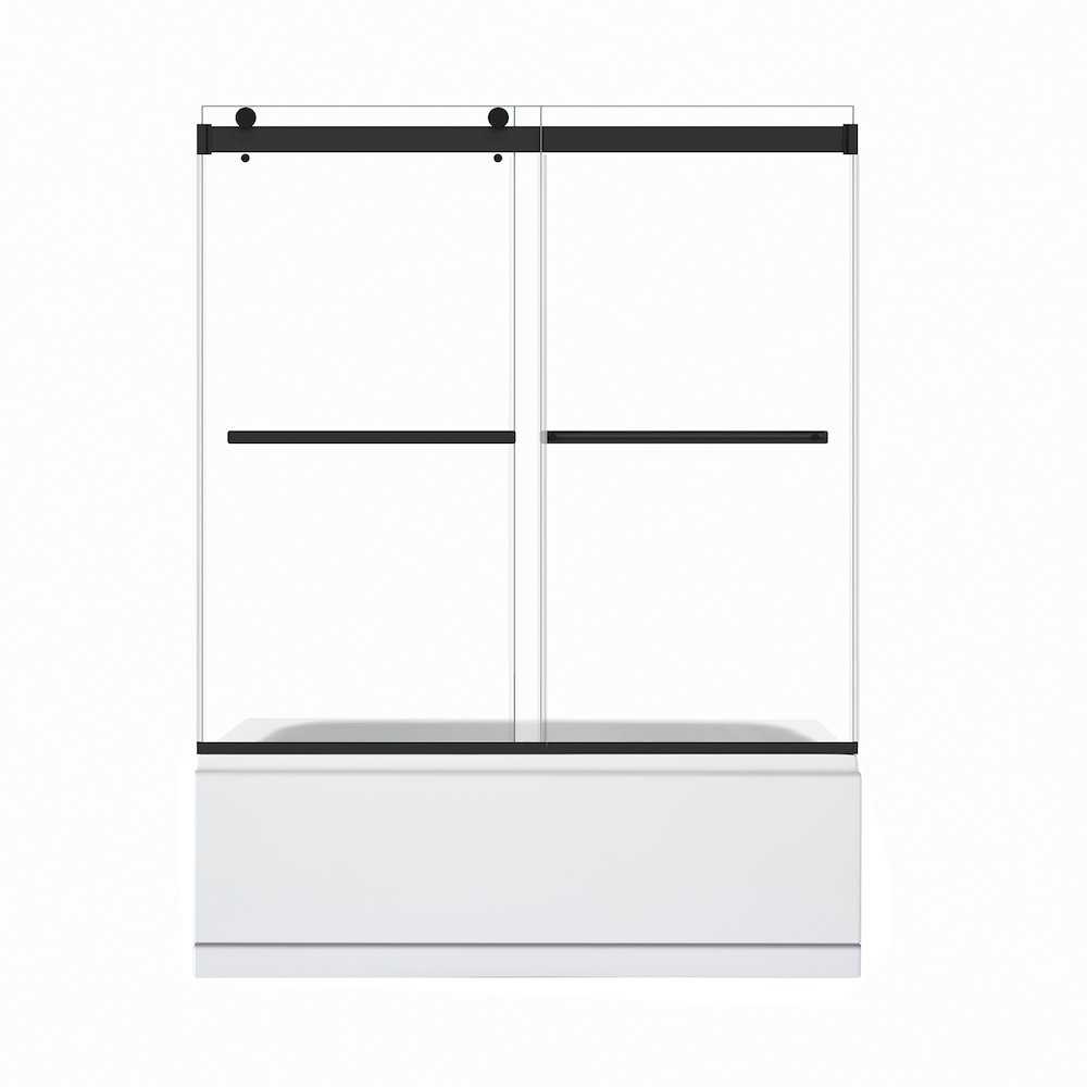 Marcelo 60" W x 58" H By Pass Frameless Tub Door in Matte Black with Clear Glass. Picture 1