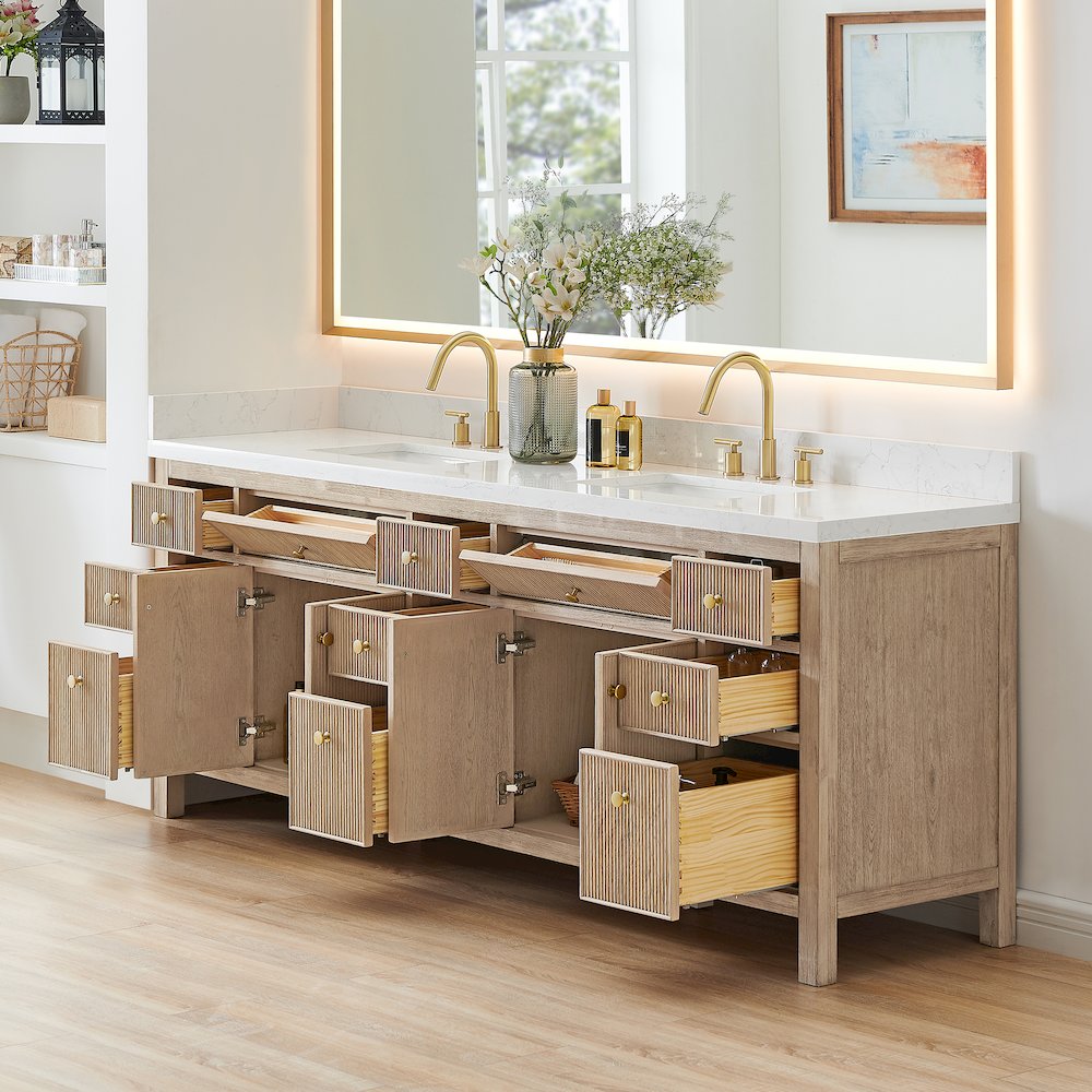 Double Bathroom Vanity in Nature Oak Grain White Engineered Stone Countertop. Picture 4