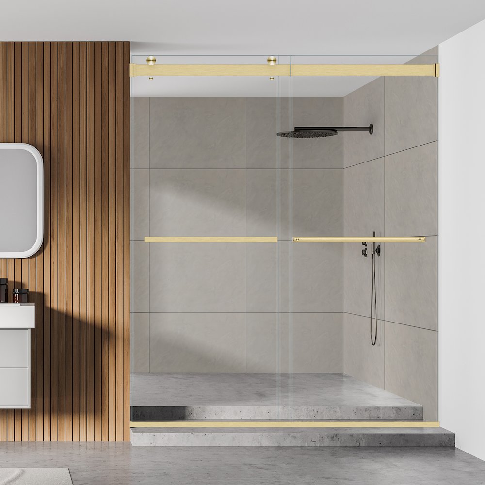 By Pass Frameless Shower Door in Brushed Gold with Clear Glass. Picture 7