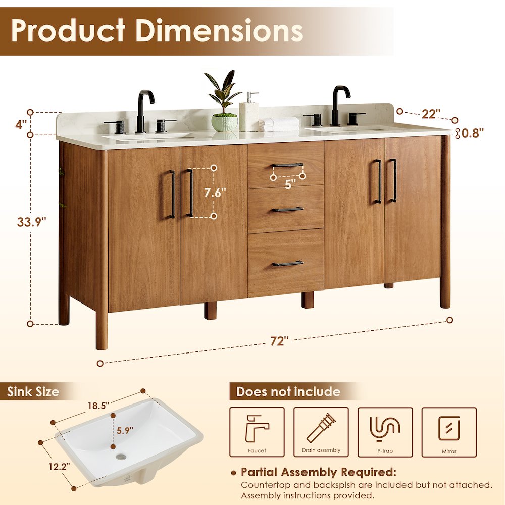 72" Double Bathroom Vanity in Mango Brown with Grain White. Picture 13