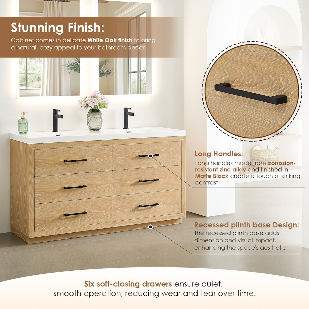 60" Double Bathroom Vanity in White Oak with White Artificial Drop-in Sink. Picture 9