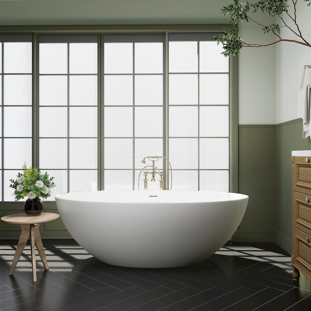 67" x 39" Solid Surface Soaking Bathtub in Matte White and Integrated Overflow. Picture 6
