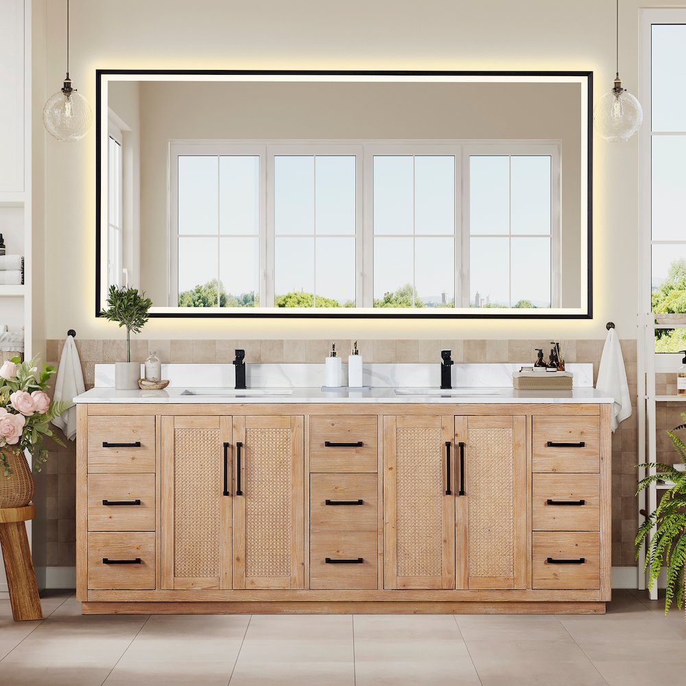 84" Double Bathroom Vanity with Calacatta White Quartz Countertop with Mirror. Picture 2