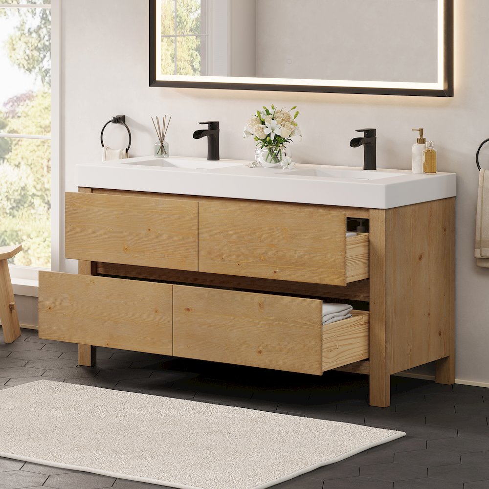 60" Double Bathroom Vanity in with White Artificial Stone Integrated Sink. Picture 4