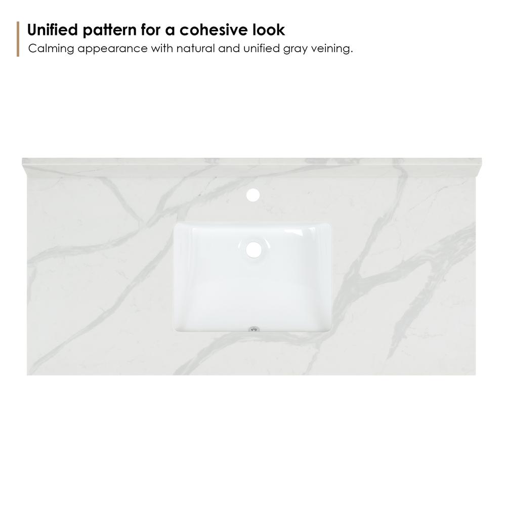 Arbios 48. in Quartz Stone Vanity Top in Calacatta White with White Sink. Picture 3