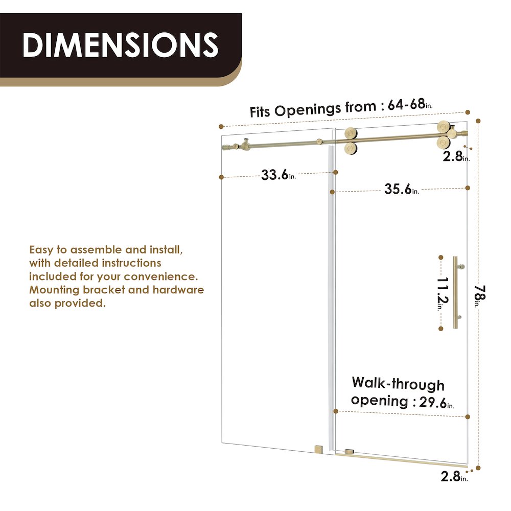 Single Sliding Frameless Shower Door in Brushed Gold with Clear Glass. Picture 12