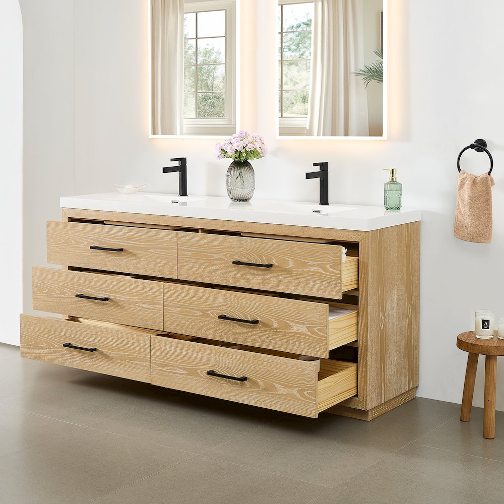 72" Double Bathroom Vanity in White Oak with White Artificial Drop-in Sink. Picture 4