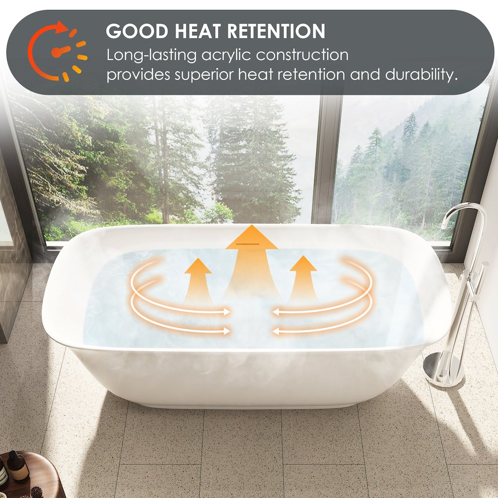 67" x 32" Flatbottom Freestanding Acrylic Soaking Bathtub in Glossy White. Picture 14