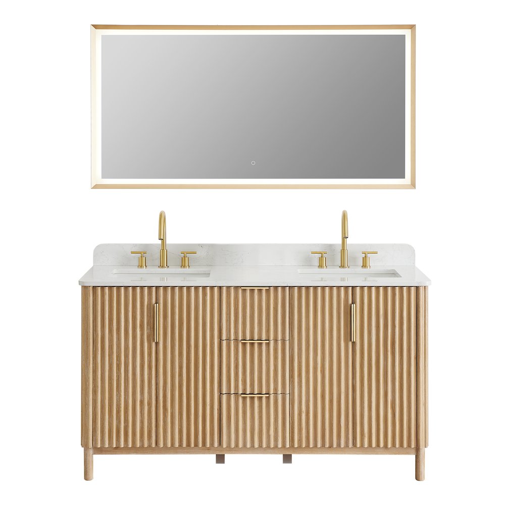 Double Bathroom Vanity in Washing Light Brown Grain White Engineered Stone. Picture 1