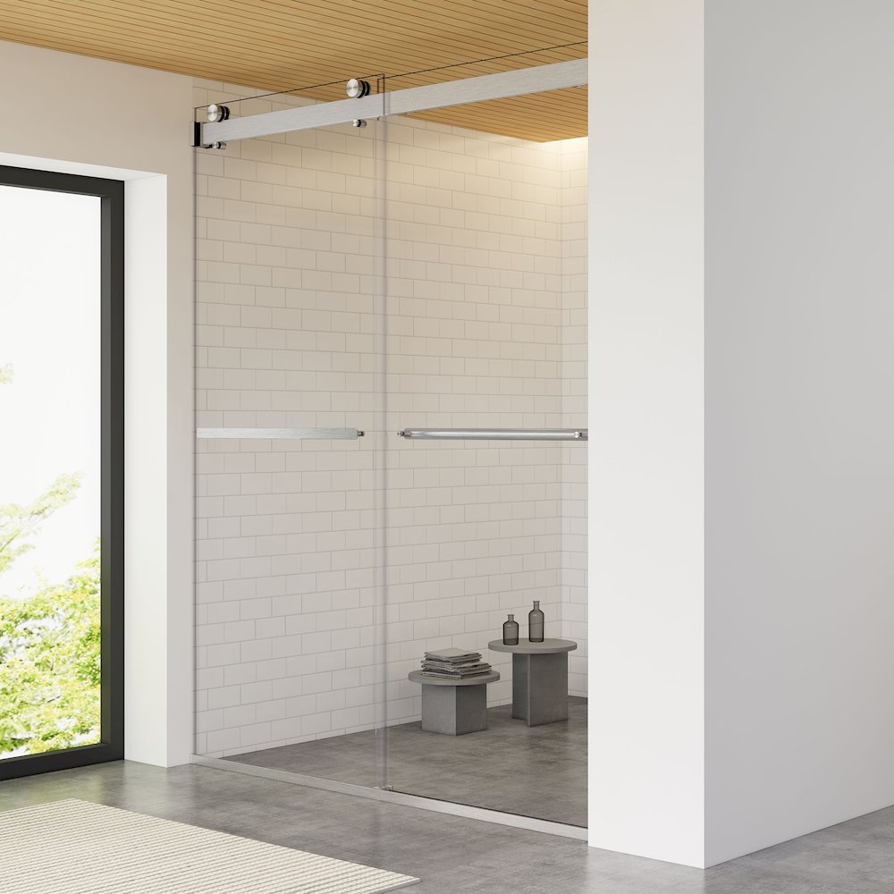 Pass Frameless Shower Door in Brushed Nickel with Clear Glass. Picture 5