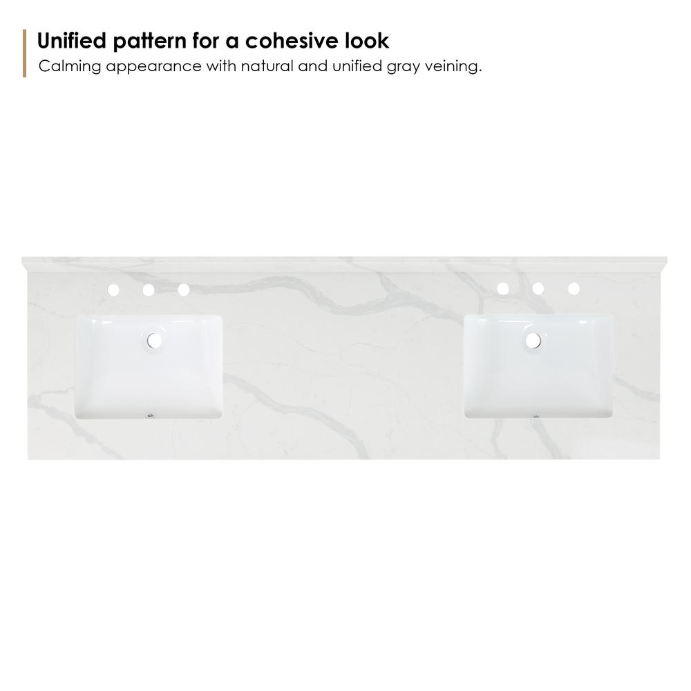 Arbios 72. in Quartz Stone Vanity Top in Calacatta White with White Sink. Picture 3