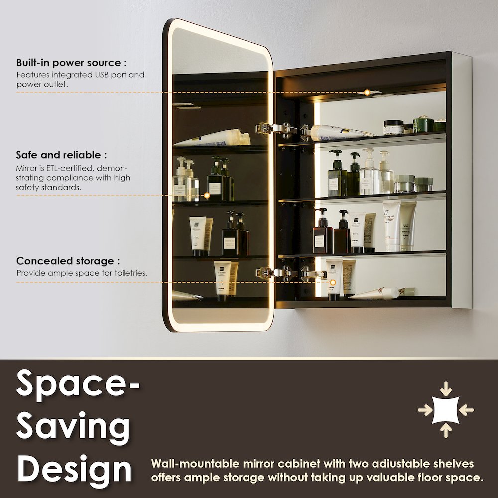 24"x32" Rectangular Bathroom Black Aluminum Mirror Medicine Cabinet. Picture 14