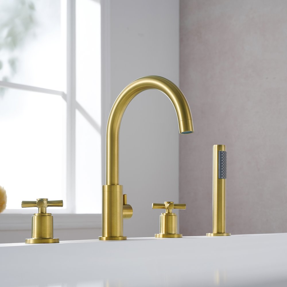 Cross Handles Deck-Mount Roman Tub Faucet in Brushed Gold with Handshower. Picture 6