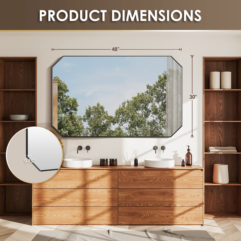48"x30" Octagon Aluminum Framed in Matte Black Modern Bathroom Wall Mirror. Picture 13