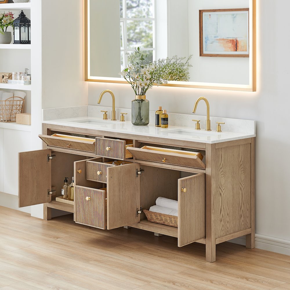Double Bathroom Vanity in Nature Oak Grain White Engineered Stone Countertop. Picture 4