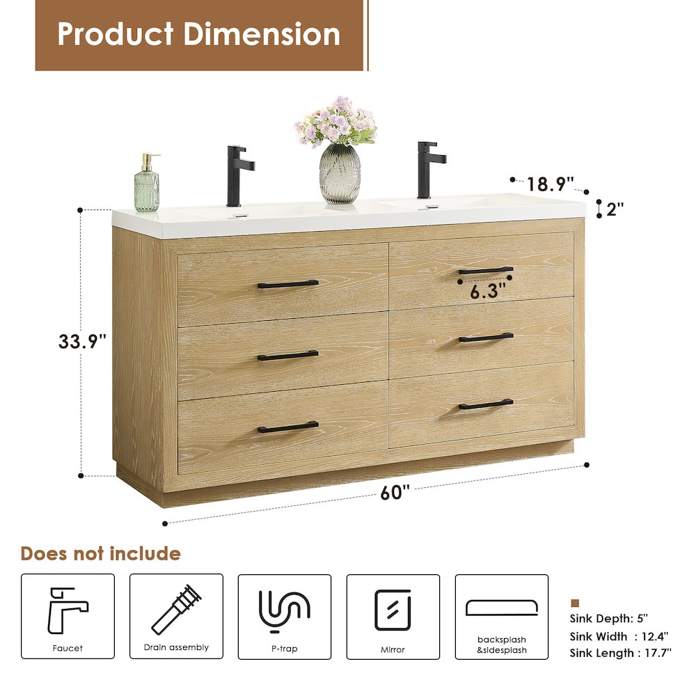 60" Double Bathroom Vanity in White Oak with White Artificial Drop-in Sink. Picture 11