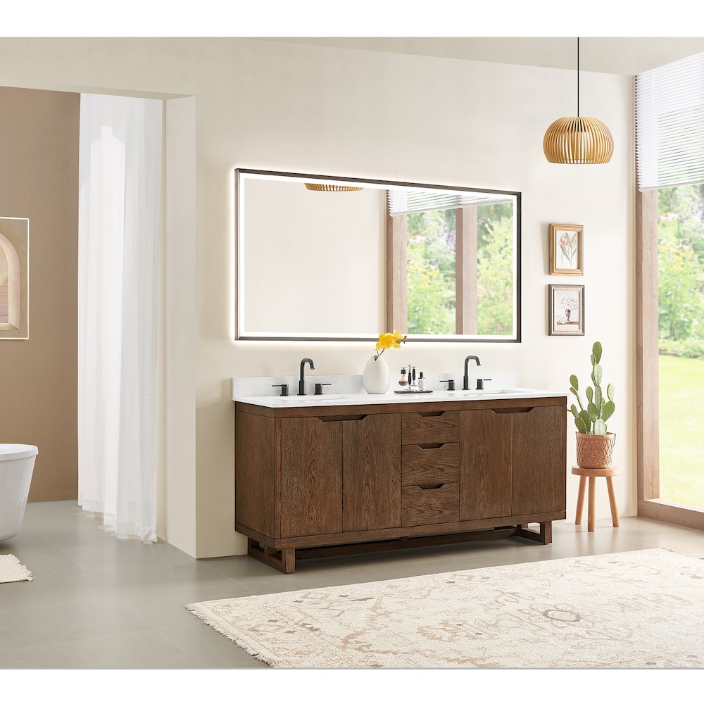 72" Double Bathroom Vanity in Brown Brushed Oak with Grain White. Picture 14