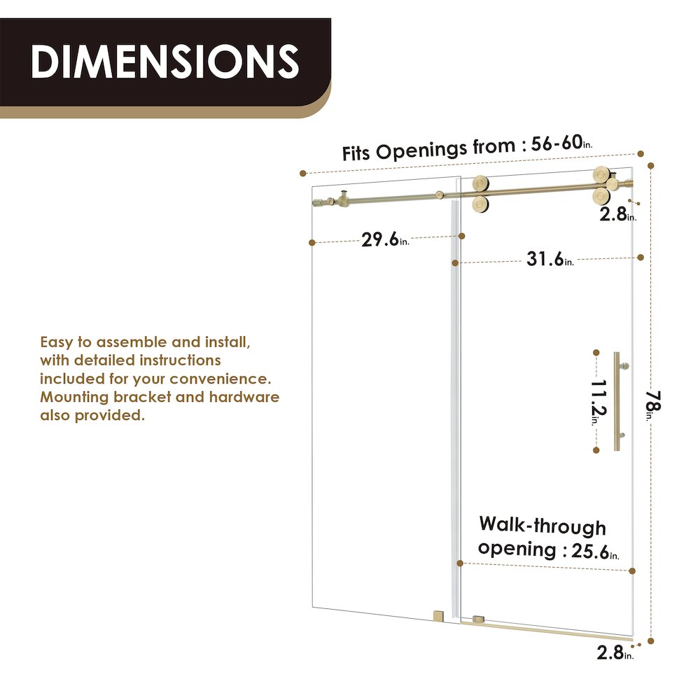 Single Sliding Frameless Shower Door in Brushed Gold with Clear Glass. Picture 12