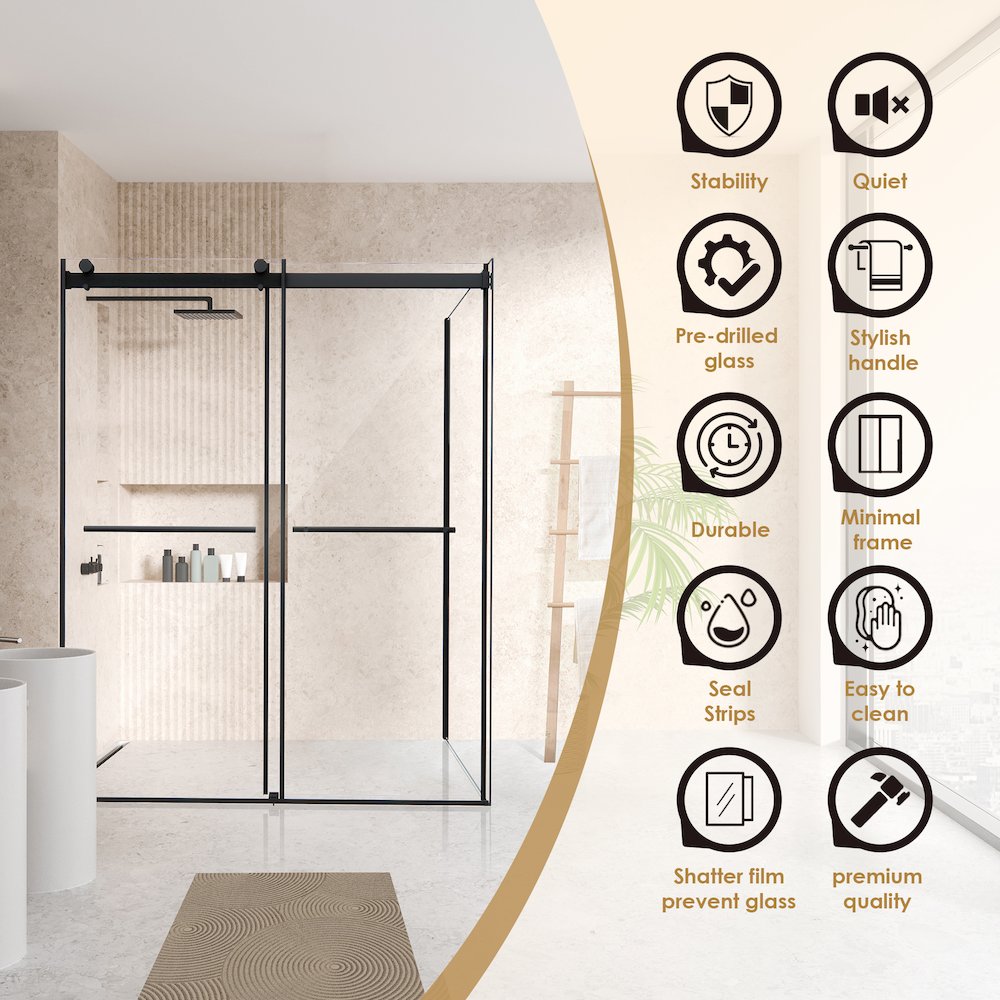 Frameless Exposed Roller Shower Enclosure in Matte Black with Clear Glass. Picture 7