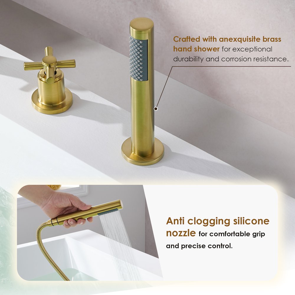 Cross Handles Deck-Mount Roman Tub Faucet in Brushed Gold with Handshower. Picture 9