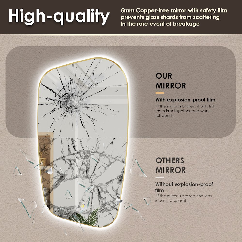 26"x48" Anti-Fog Wall Mirror in Brushed Gold Aluminum Framed. Picture 11