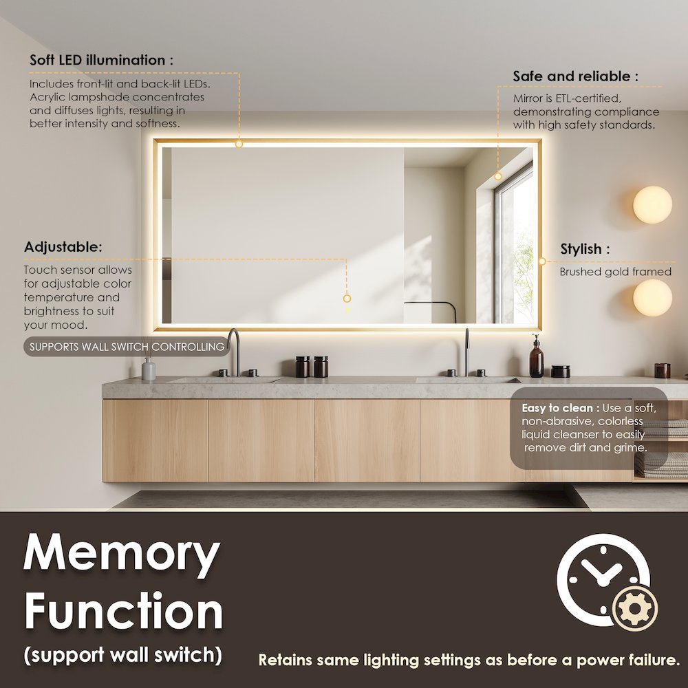 84"x42" Rectangular Wall Mirror in Brushed Gold Aluminum Framed. Picture 12