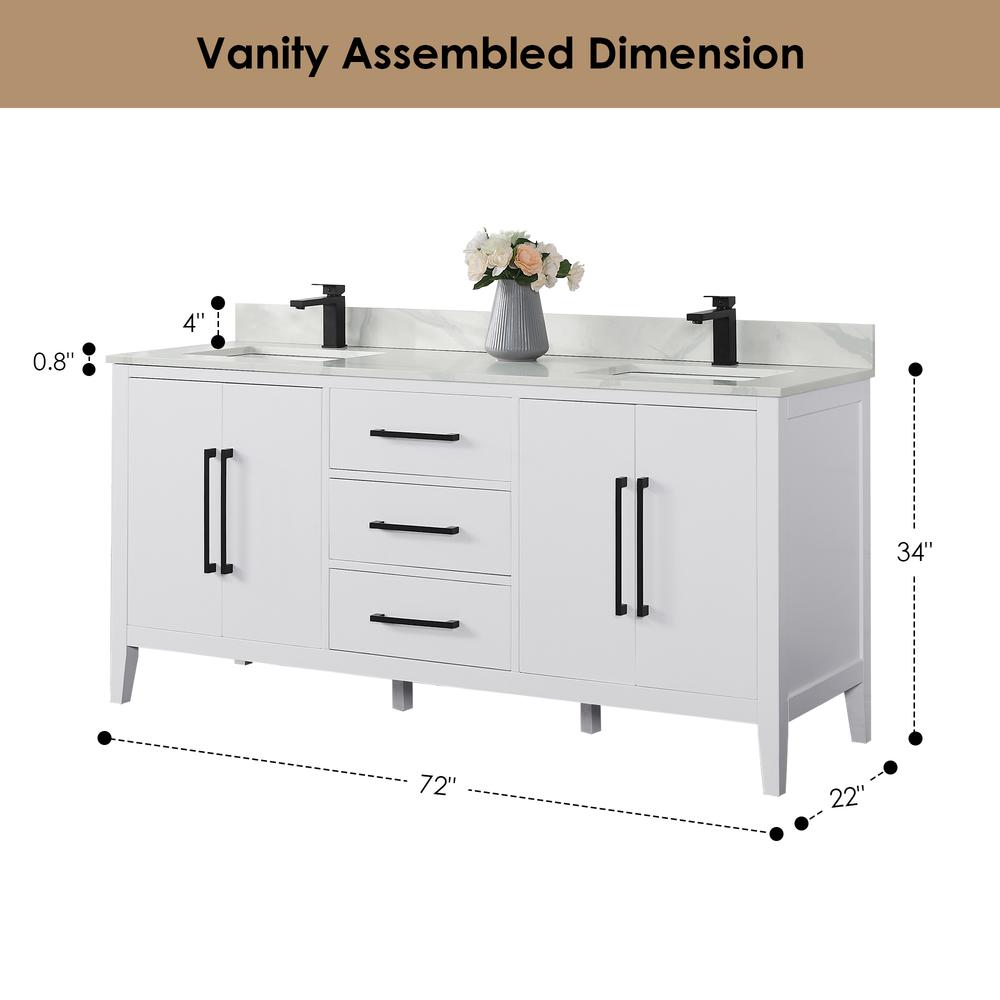 Double Bathroom Vanity in White with Stone Countertop without Mirror. Picture 11