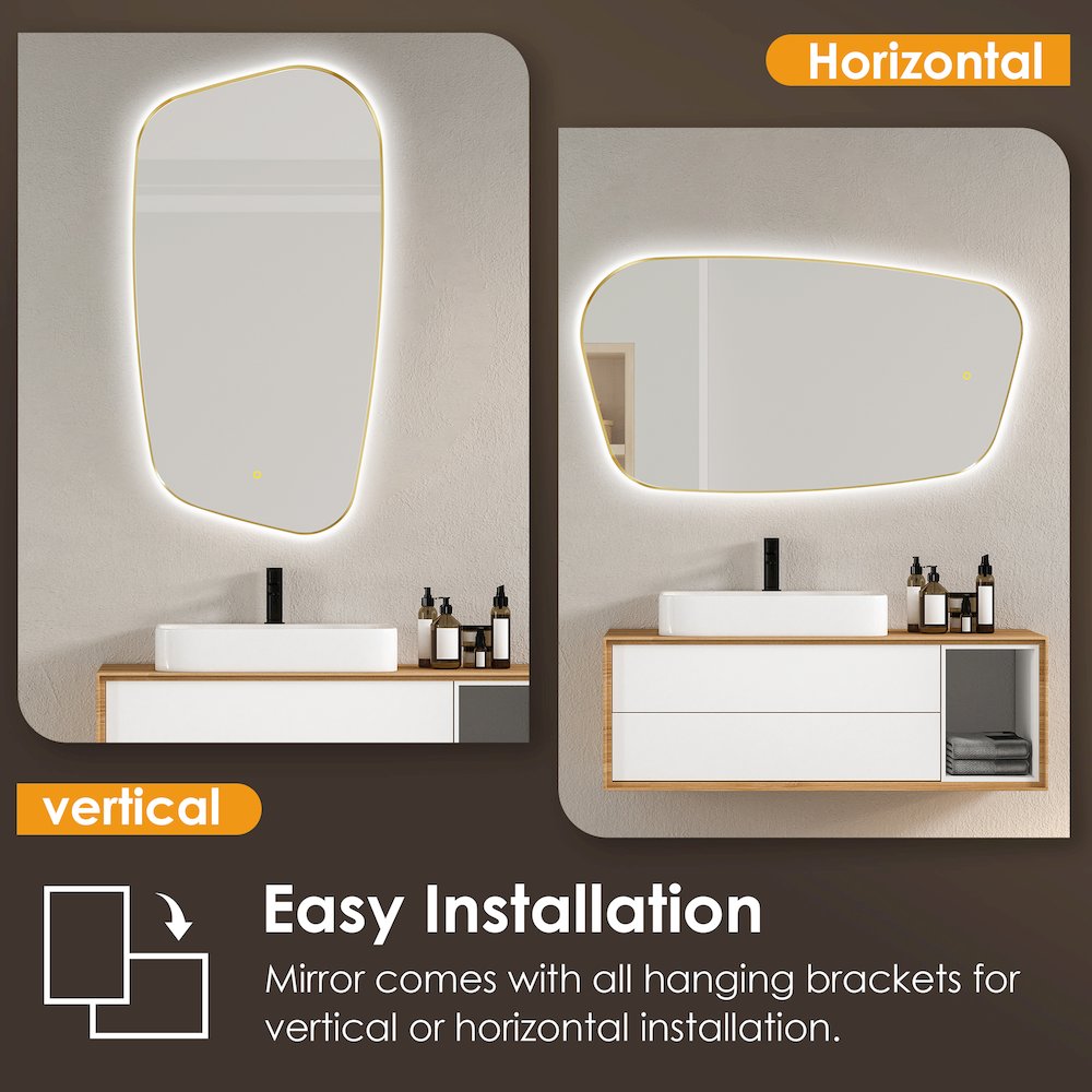 26"x48" Anti-Fog Wall Mirror in Brushed Gold Aluminum Framed. Picture 10