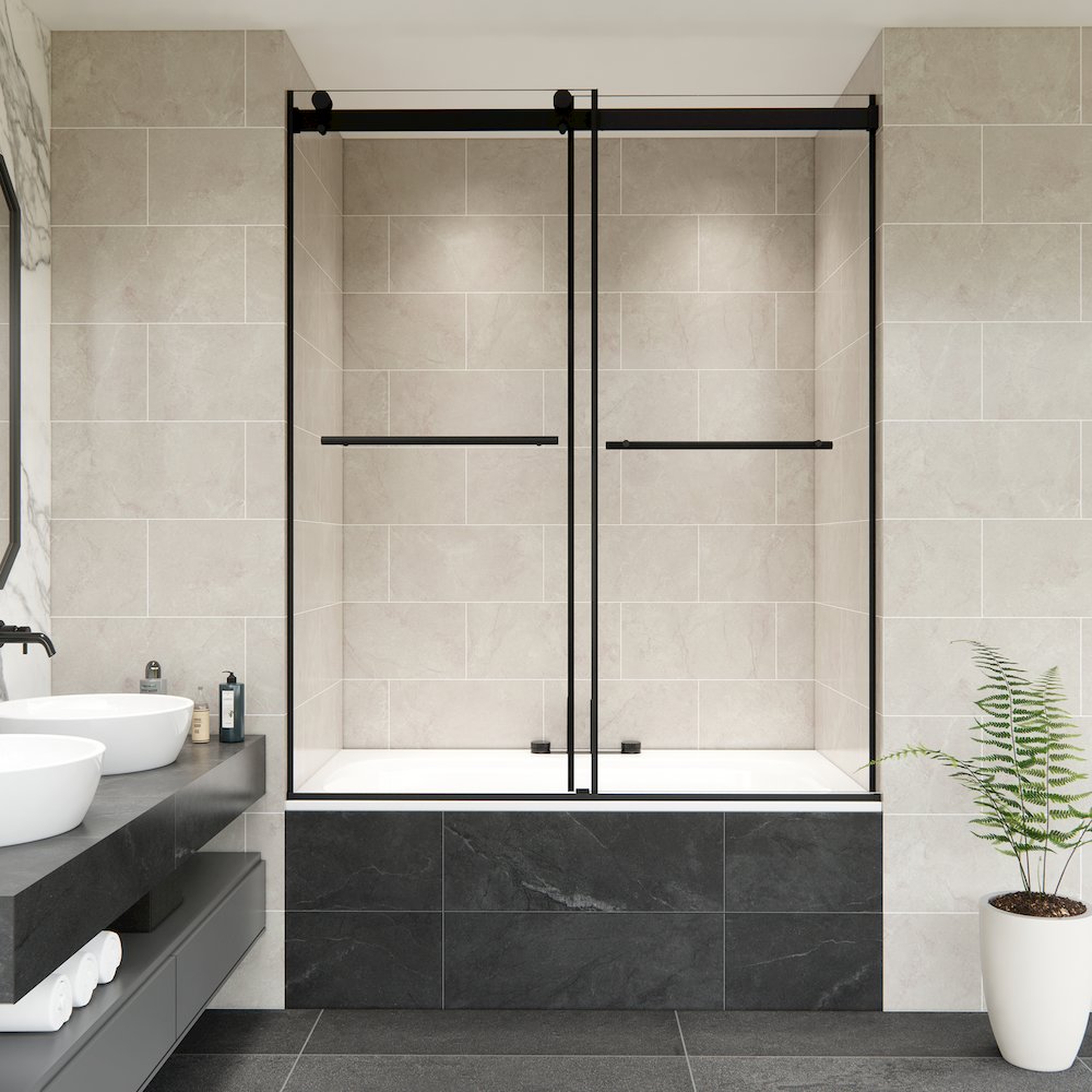 Frameless Exposed Roller Tub Door in Matte Black with Clear Glass. Picture 3