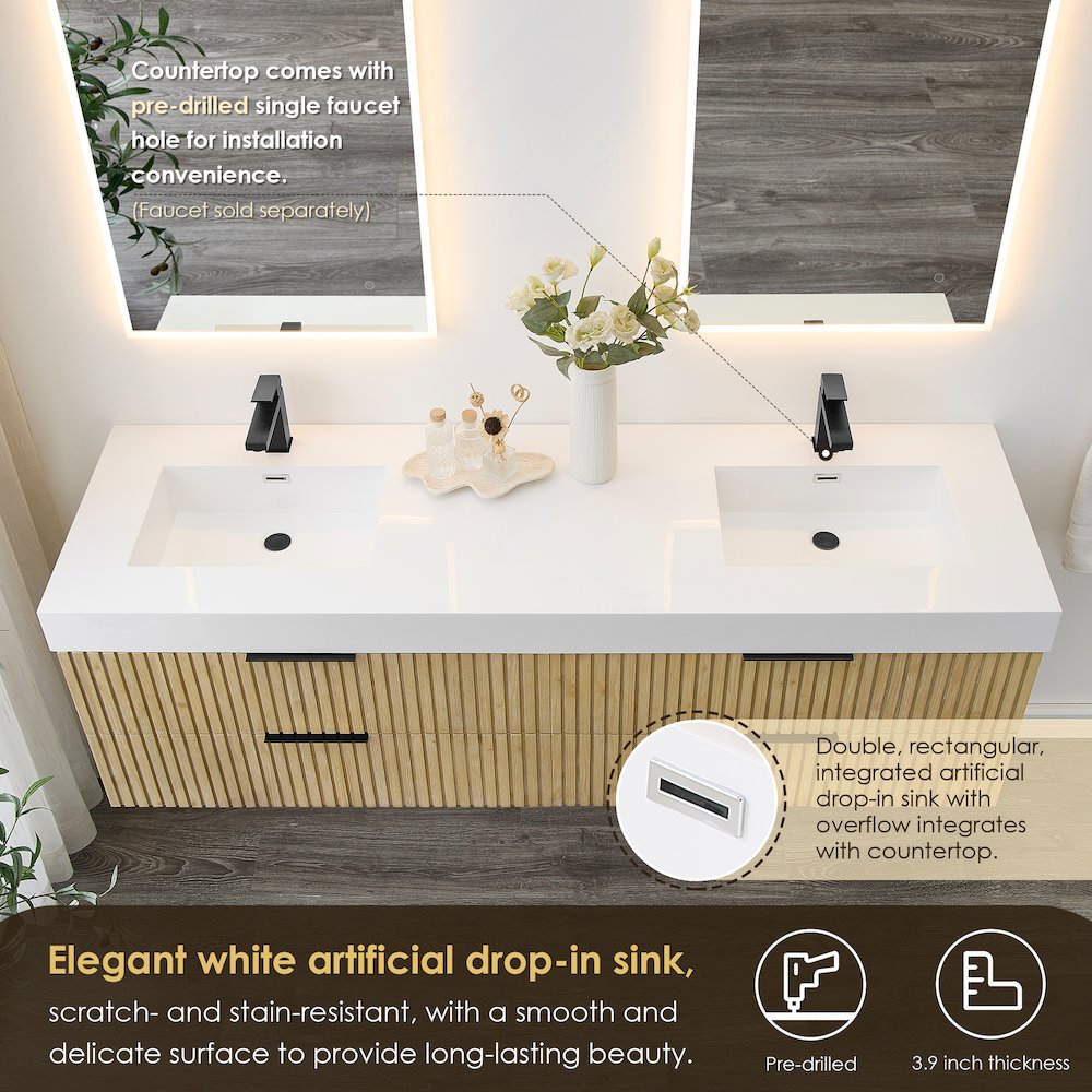 Double Bathroom Vanity in Nature Brown White Artificial Drop-in Sink. Picture 6