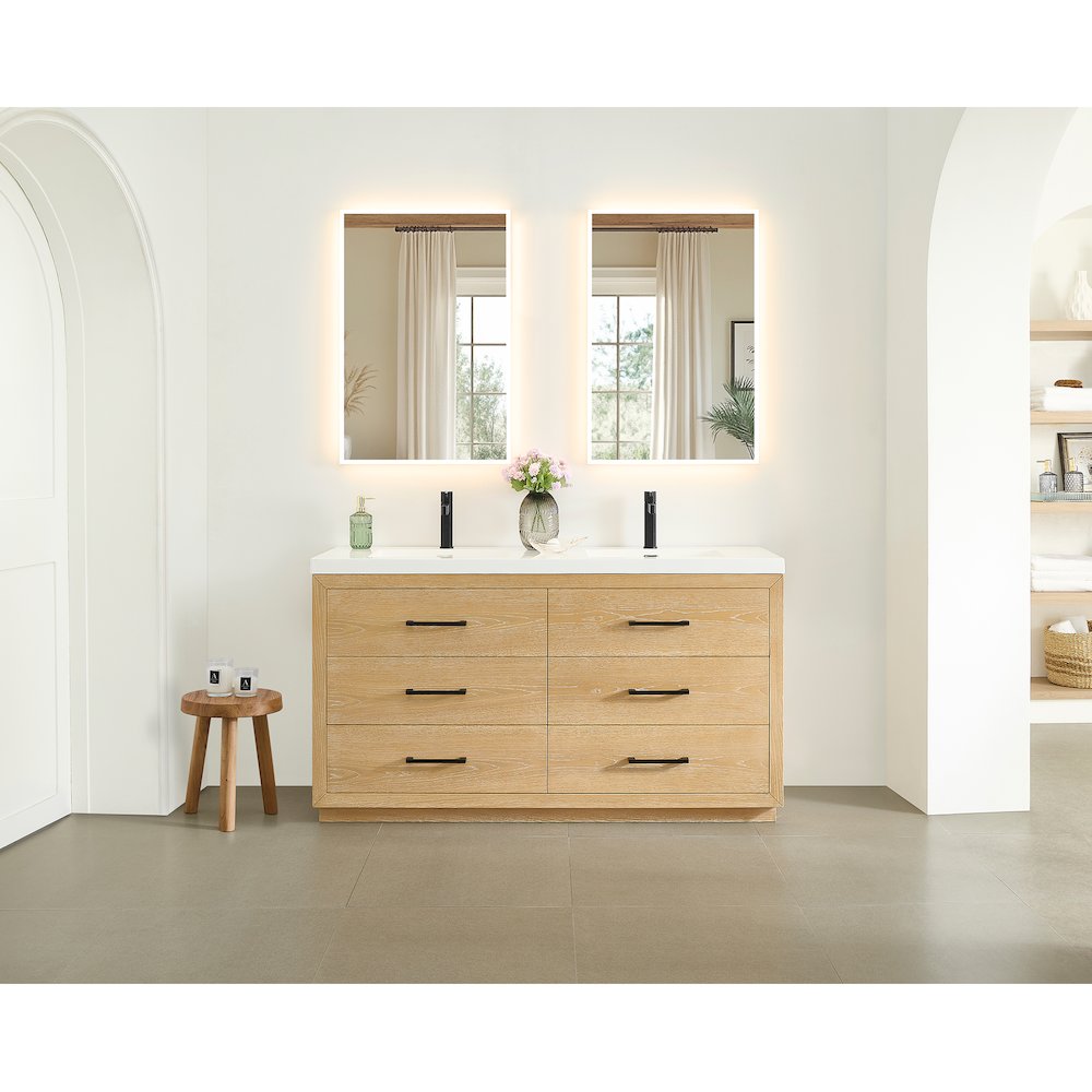 60" Double Bathroom Vanity in White Oak with White Artificial Drop-in Sink. Picture 14