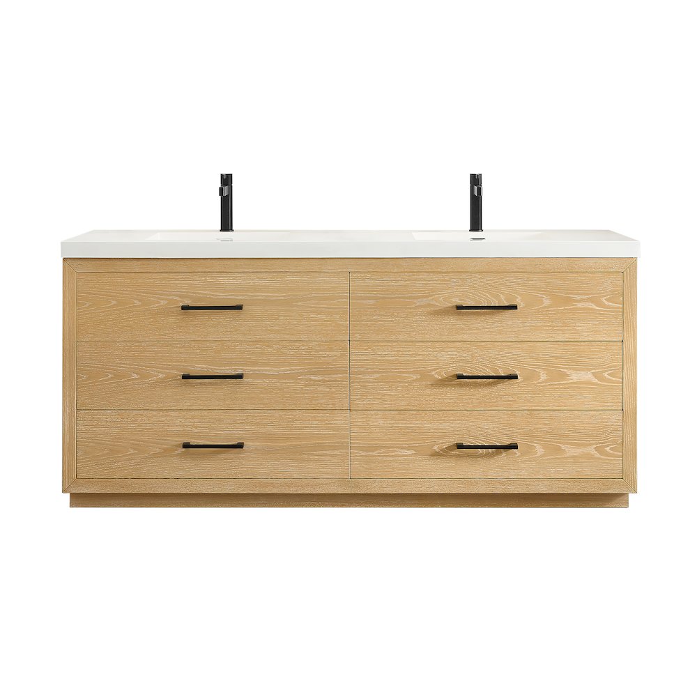72" Double Bathroom Vanity in White Oak with White Artificial Drop-in Sink. Picture 1