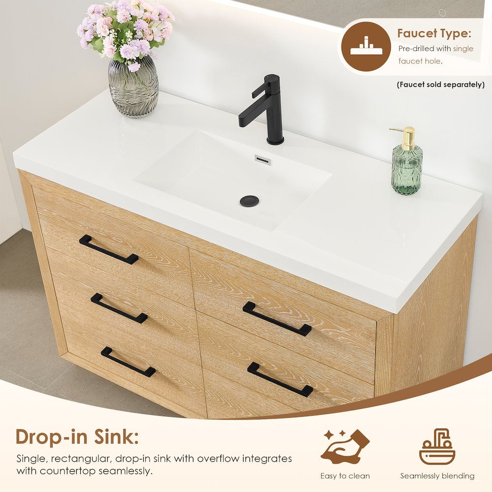 48" Single Bathroom Vanity in White Oak with White Artificial Drop-in Sink. Picture 5
