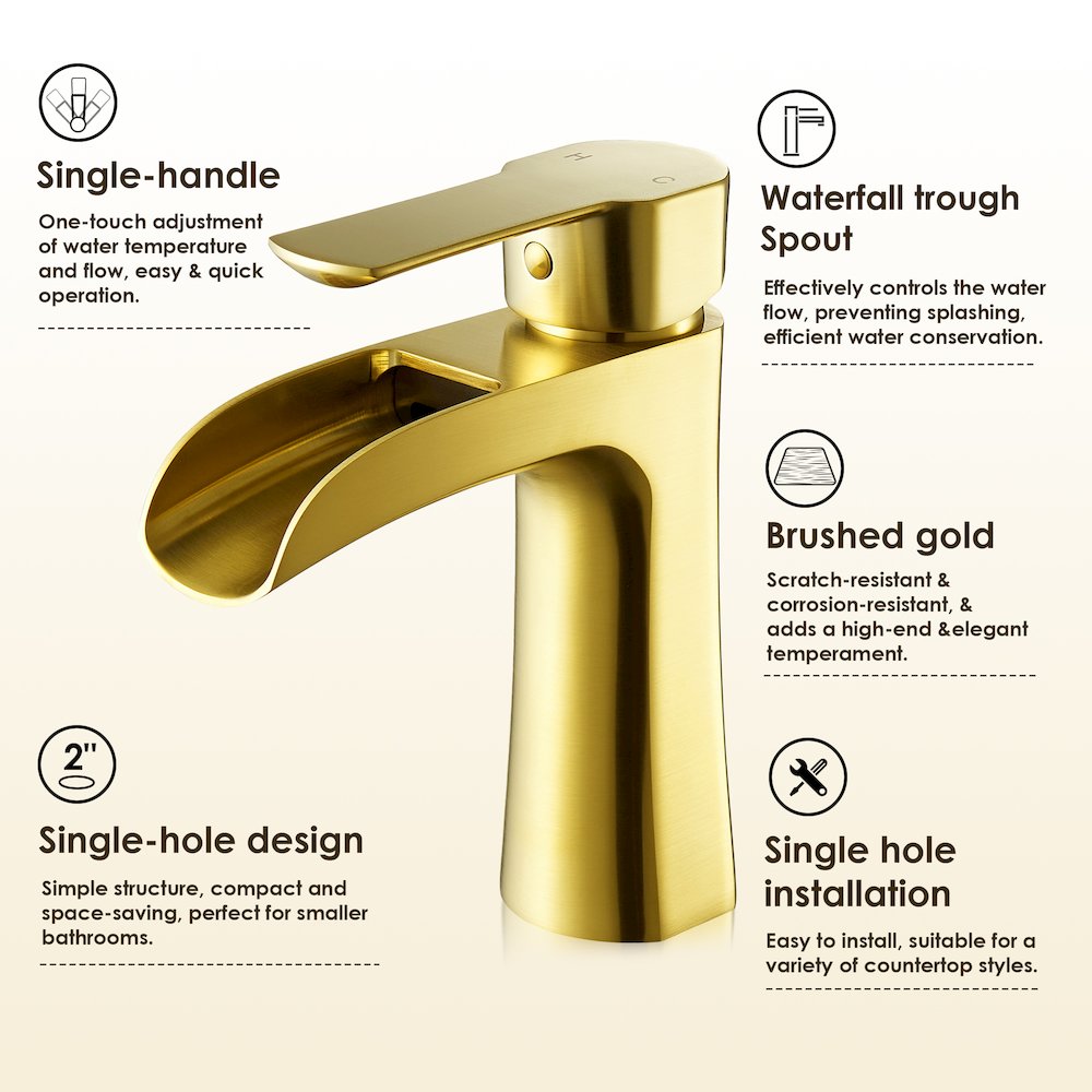 Single Hole Single-Handle Waterfall Bathroom Faucet in Brushed Gold. Picture 8