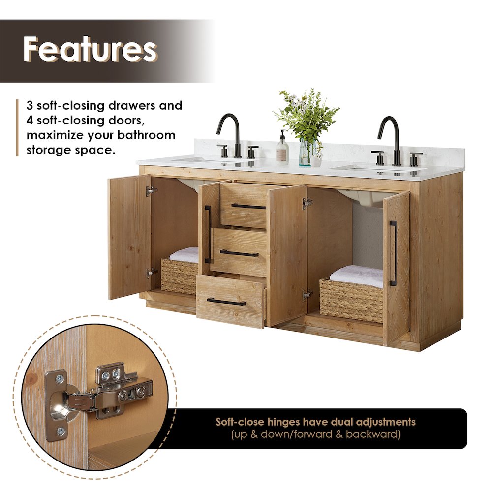 72" Double Bathroom Vanity Grain White Engineered Stone Countertop. Picture 6