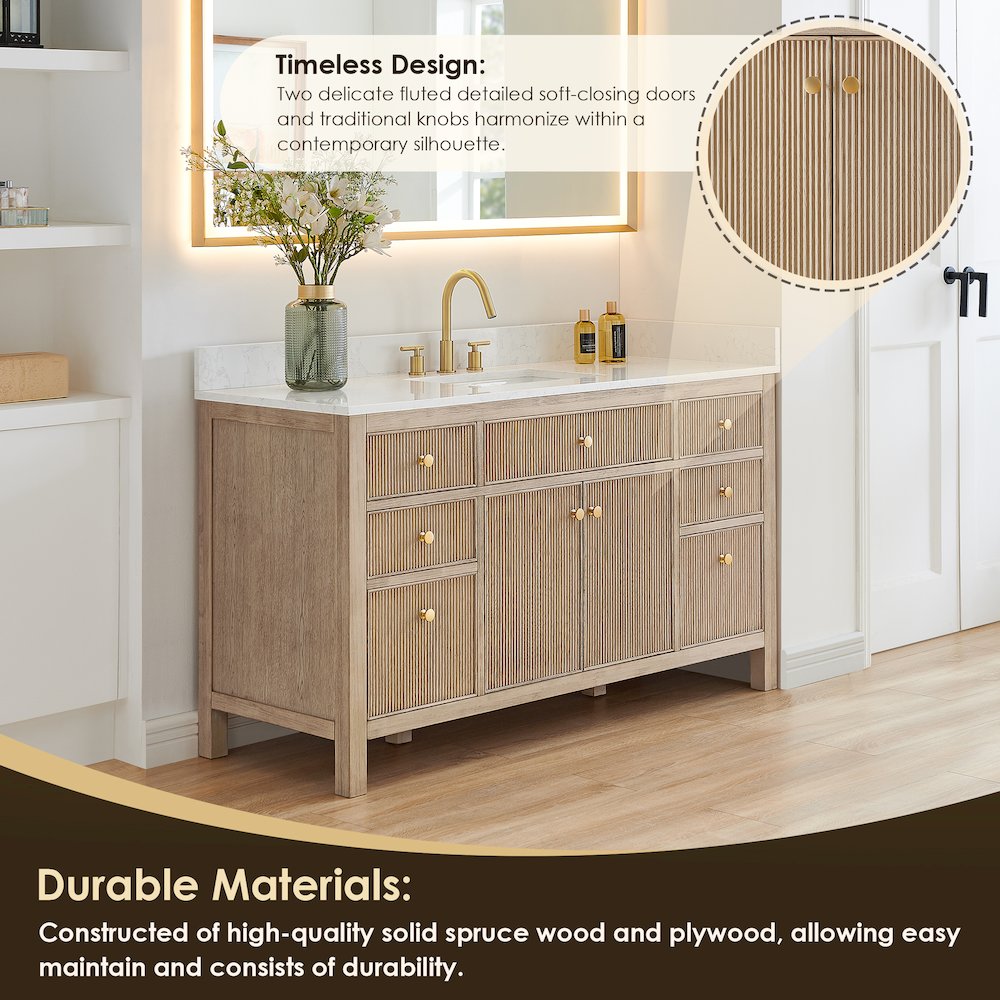 Single Bathroom Vanity in Nature Oak Grain White Engineered Stone Countertop. Picture 6