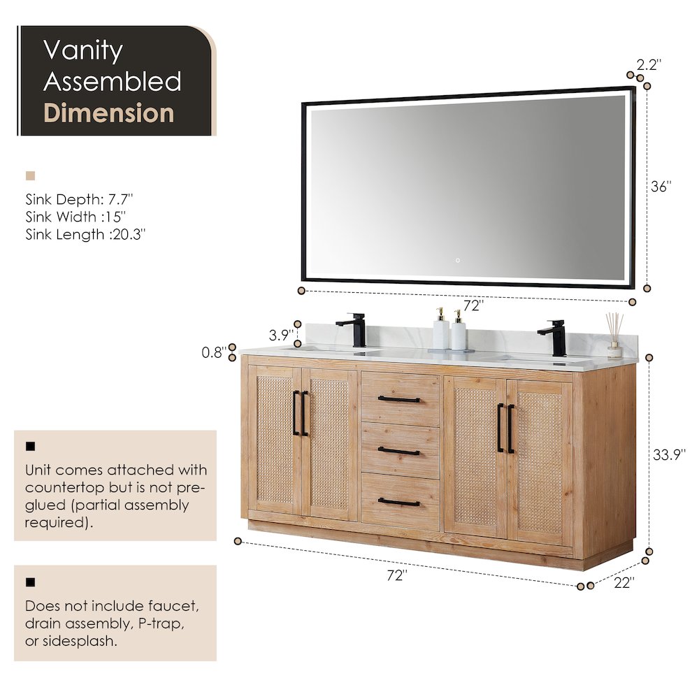 72" Double Bathroom Vanity with Calacatta White Quartz Countertop with Mirror. Picture 12