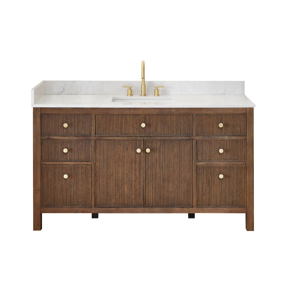 Single Bathroom Vanity in Brown Oak Grain White Engineered Stone Countertop. Picture 1
