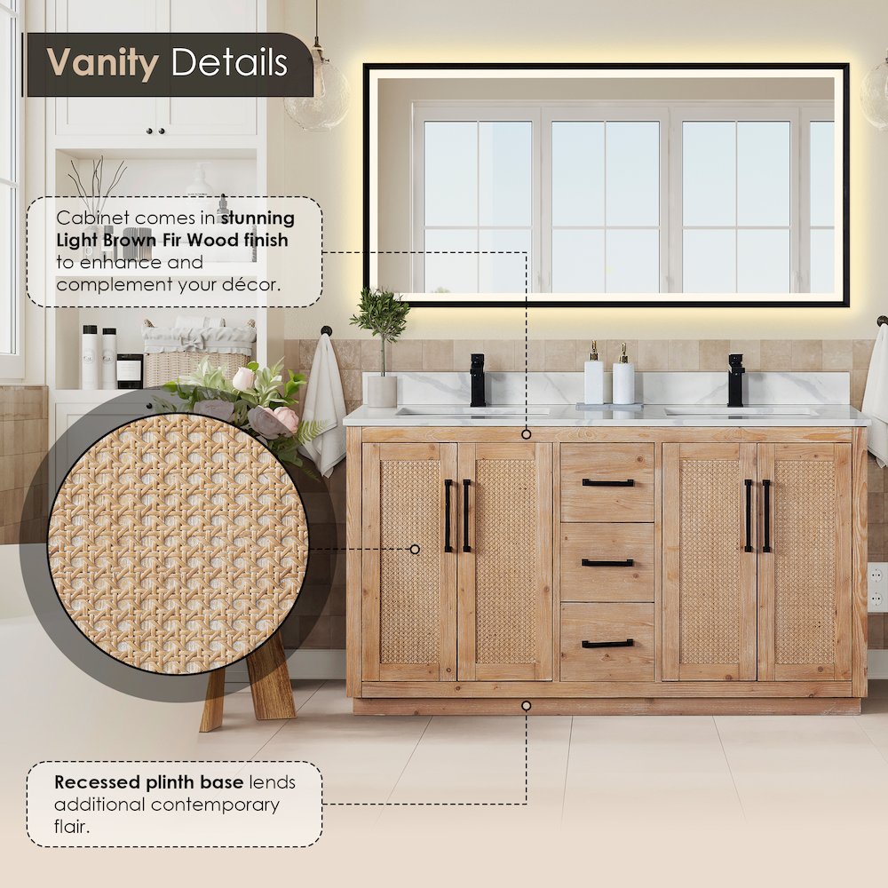 60" Double Bathroom Vanity with Calacatta White Quartz Countertop without Mirror. Picture 7