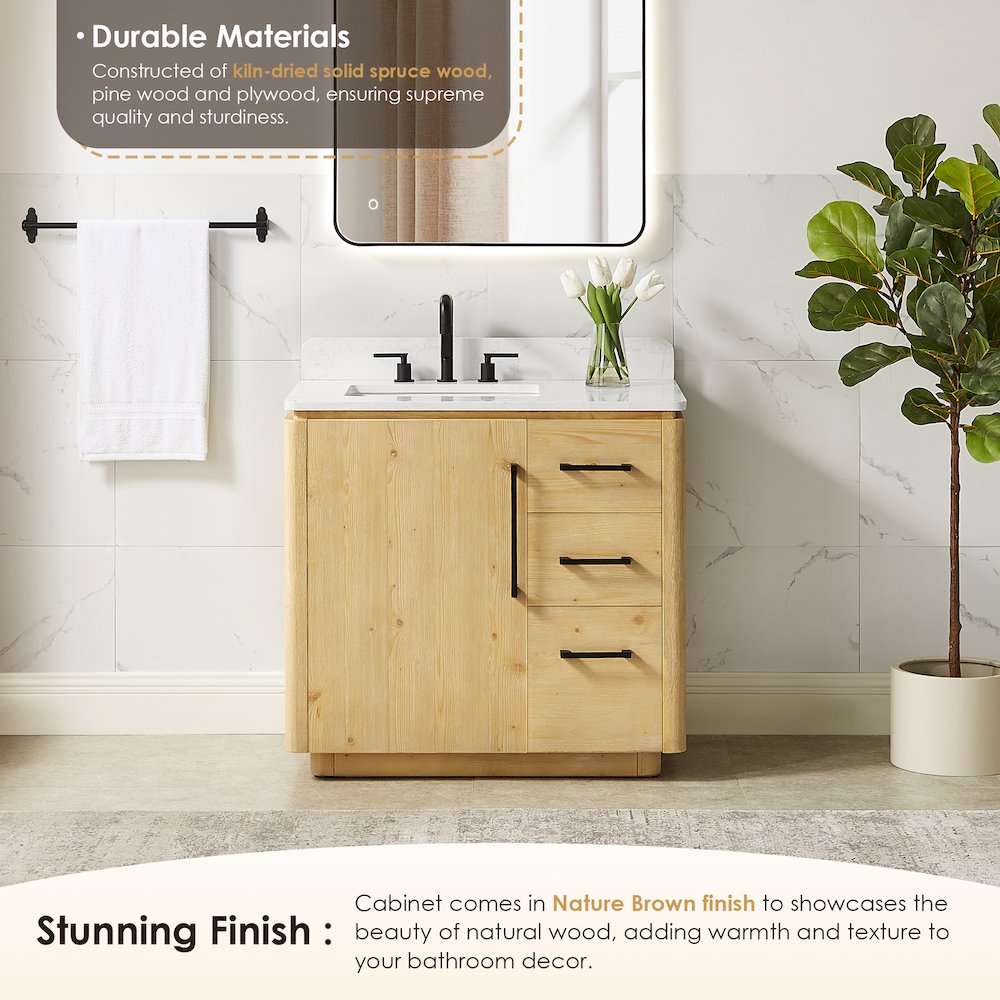 36" Single Bathroom Vanity in Nature Brown with Grain White. Picture 5