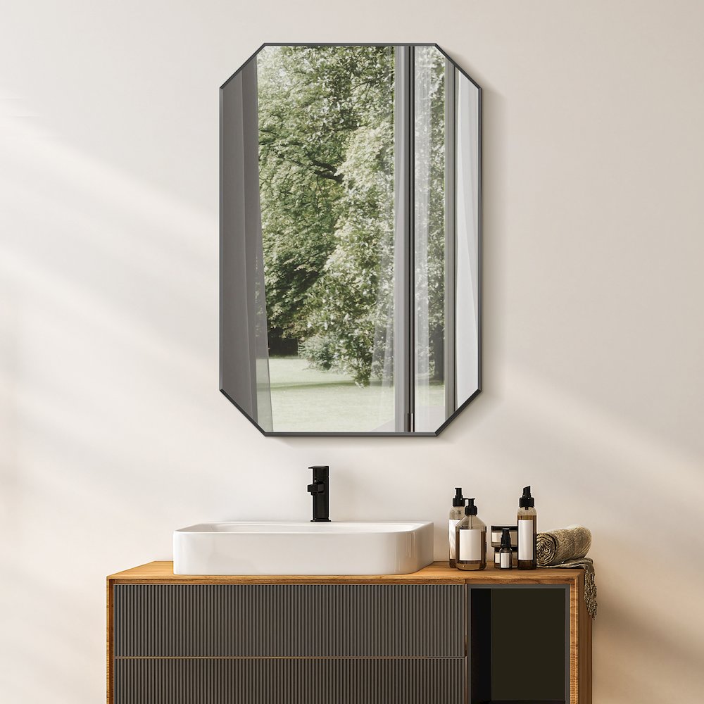 24"x36" Octagon Aluminum Framed in Matte Black Modern Bathroom Wall Mirror. Picture 5