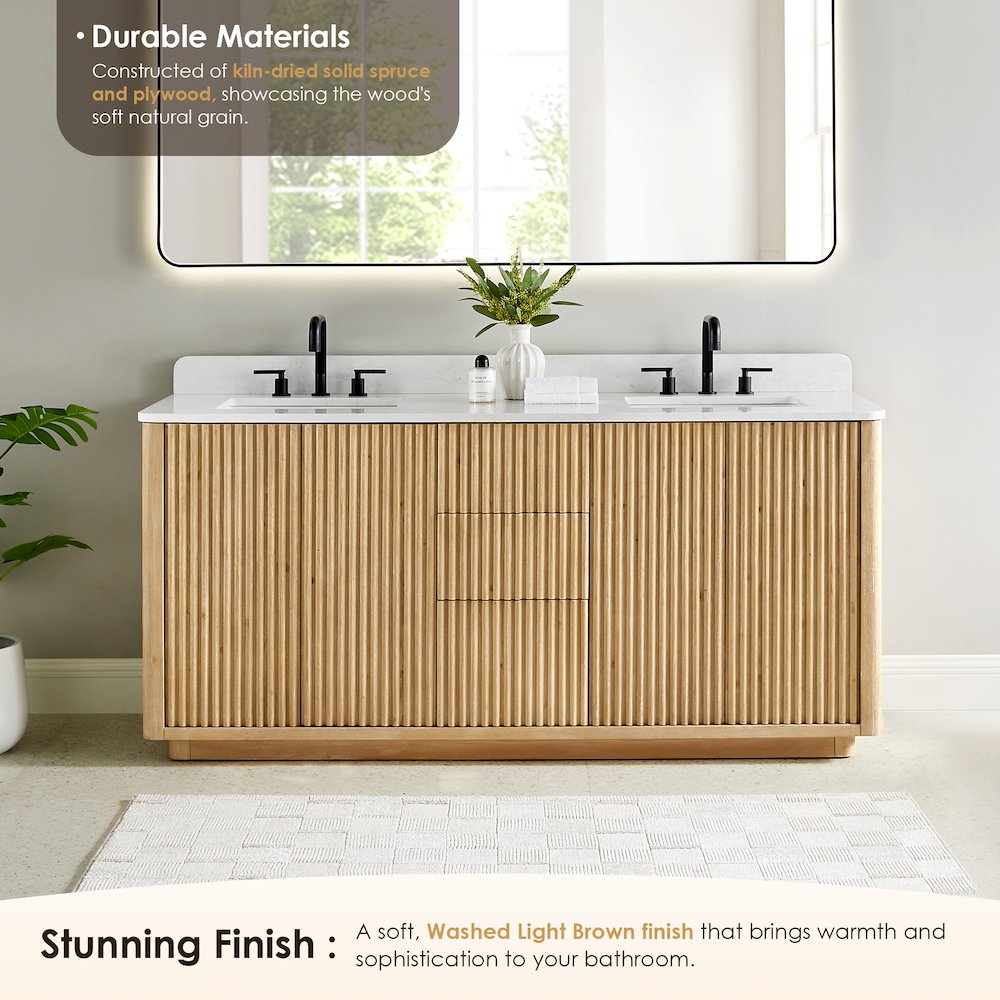 72" Double Bathroom Vanity in Washed Light Brown with Grain White. Picture 5