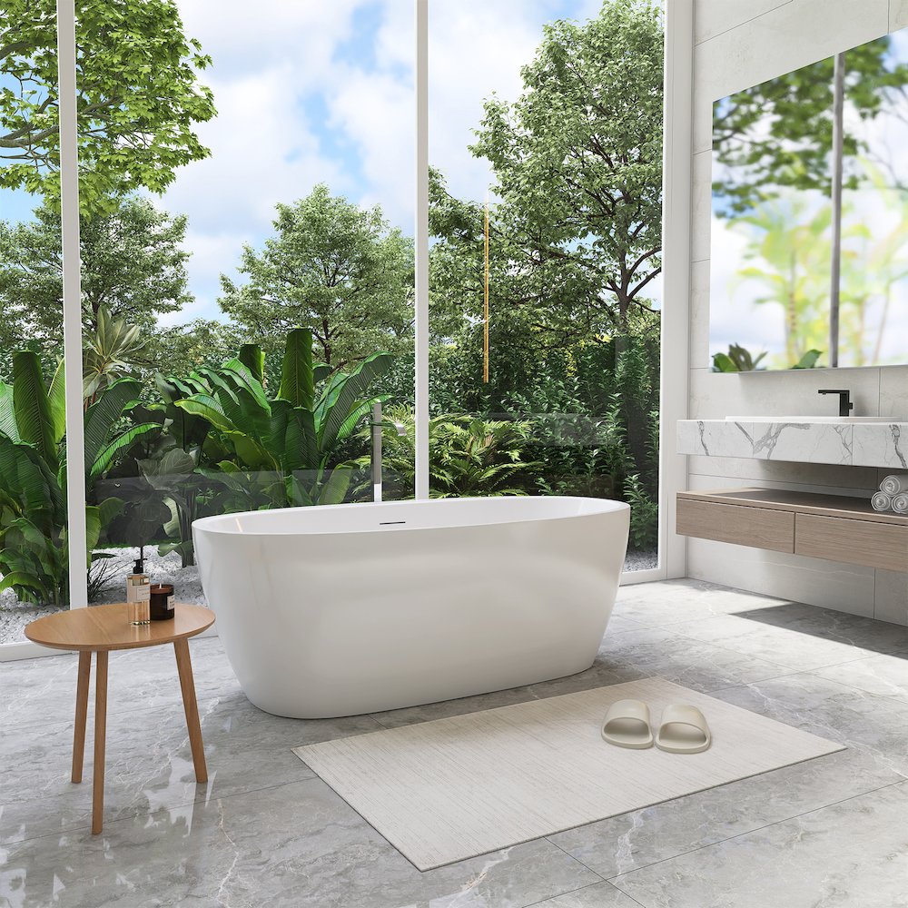 59" x 32" Flatbottom Freestanding Acrylic Soaking Bathtub in Glossy White. Picture 5