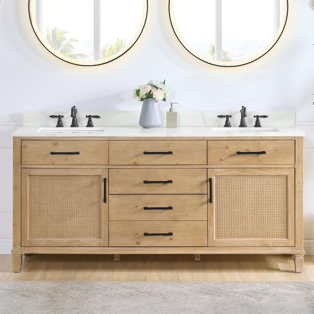 Arbios 72. in Quartz Stone Vanity Top in Calacatta White with White Sink. Picture 4