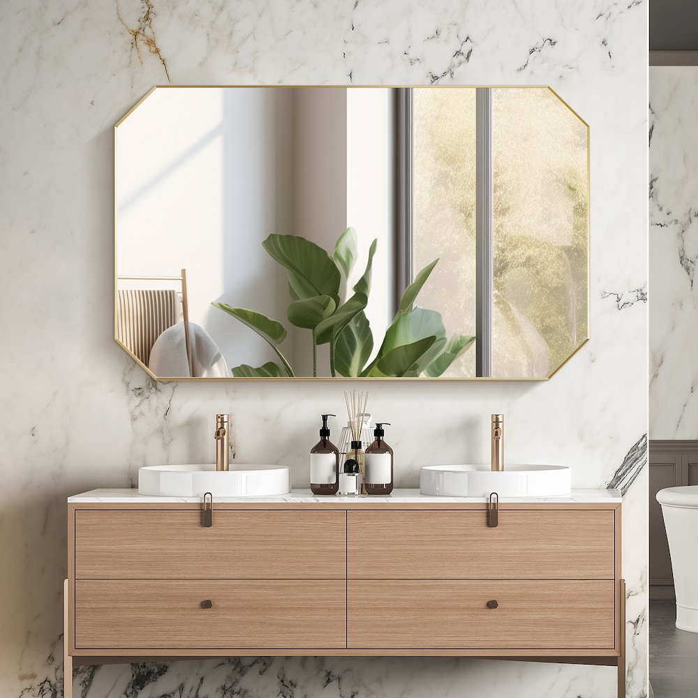 48"x30" Octagon Aluminum Framed in Brushed Gold Modern Bathroom Wall Mirror. Picture 6