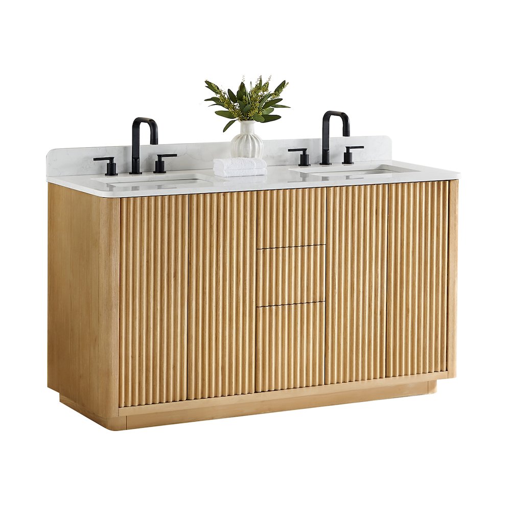 60" Double Bathroom Vanity in Washed Light Brown with Grain White. Picture 2