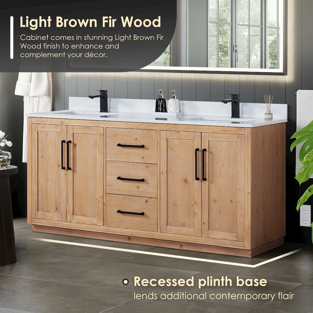72" Double Bathroom Vanity with Grain White Countertop without Mirror. Picture 5