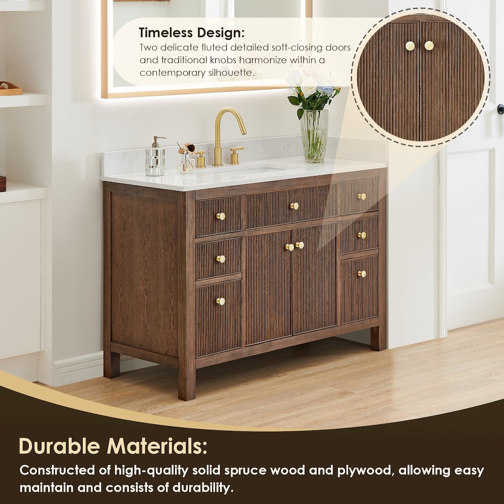 Single Bathroom Vanity in Brown Oak Grain White Engineered Stone Countertop. Picture 5